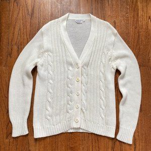 Vintage Women Cardigan Sweater Size Large Ivory Cableknit Varsity Boho 90s